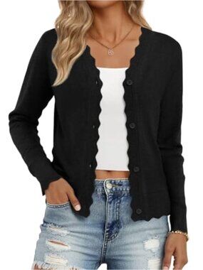 Women V-Neck Button Down Cardigan Long Sleeve Ruffle Sweater